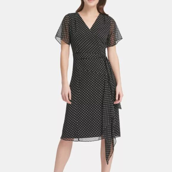 NWT DKNY Black Polka Dot Wrap Style Dress Sz 6 Ruffle Flutter Sleeve Tie Waist - Picture 2 of 11